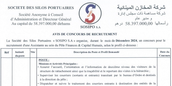 كونكور توظيف ديال الدولة في شركة المخازن المينائية SOSIPO باغين اوظفو اخر اجل يوم 9 أكتوبر 2026