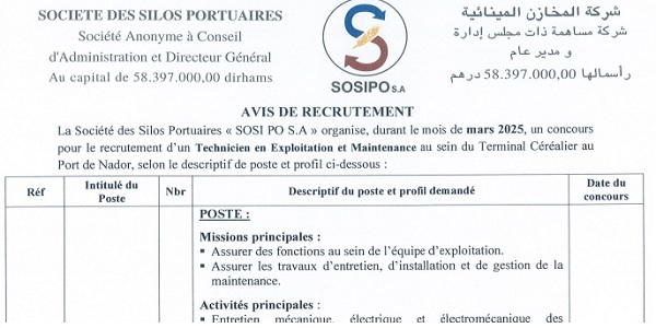 كونكور توظيف ديال الدولة في شركة المخازن المينائية SOSIPO باغين اوظفو اخر اجل يوم 5 أكتوبر 2026