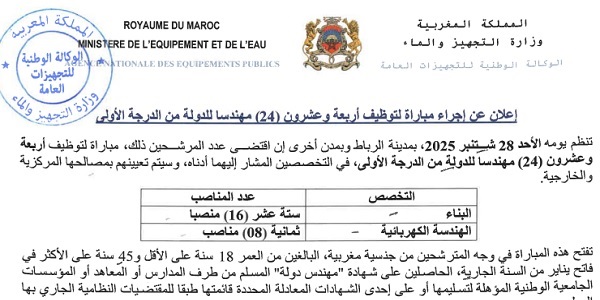 الوكالة الوطنية للتجهيزات العامة : مباريات لتوظيف 52 مناصب. آخر أجل 14 غشت 2026